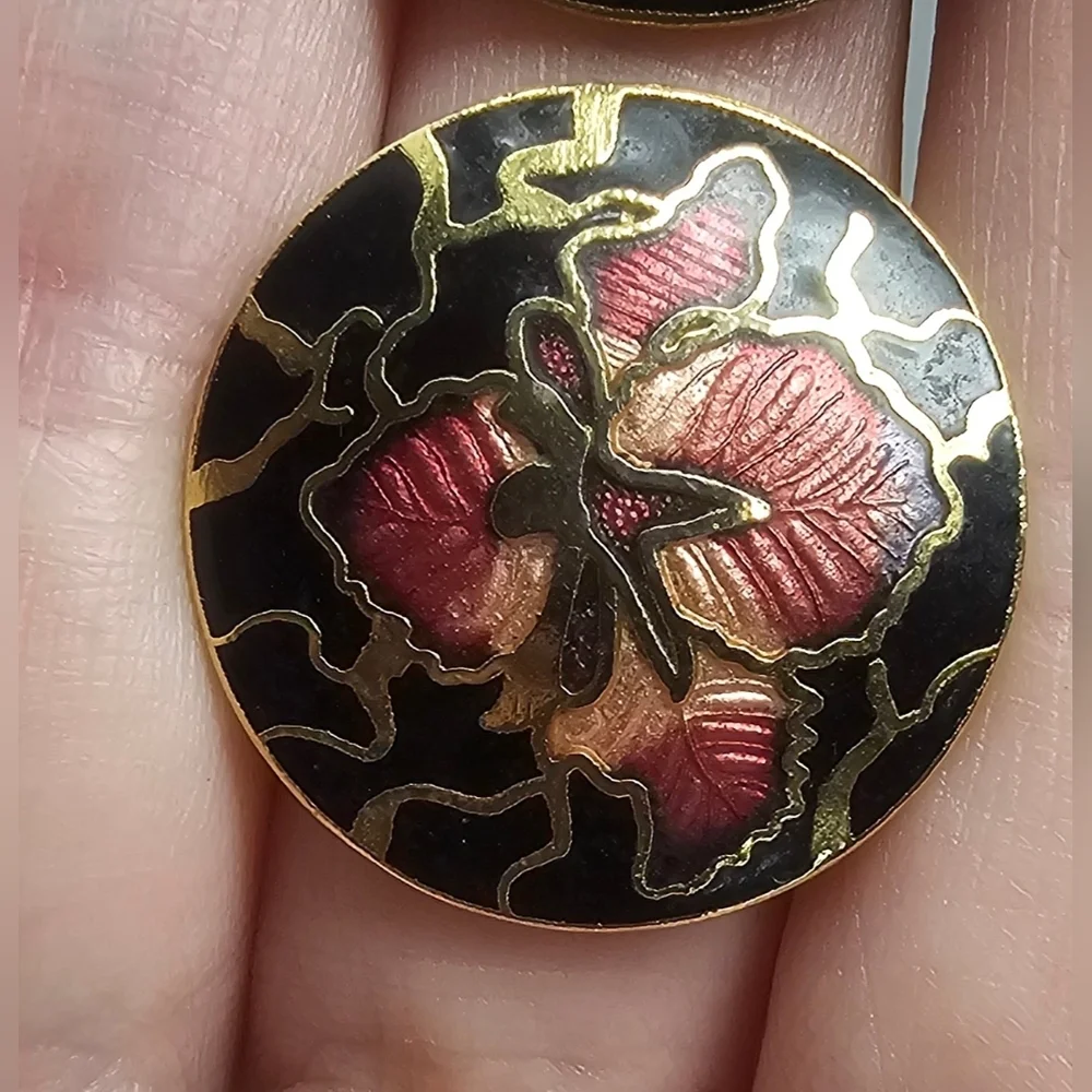 Vintage Black Gold Pink Flower Enamel Cloisonne Clip-On Round Stud Earrings - Picture 4 of 9
